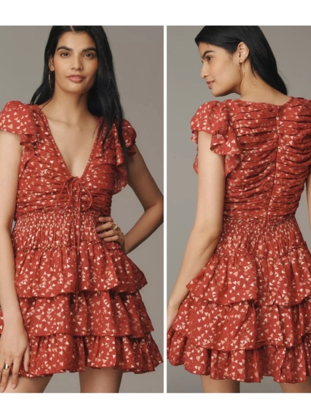 Anthropologie Burgundy Ruffle Dress with Gold Triangle Print small new